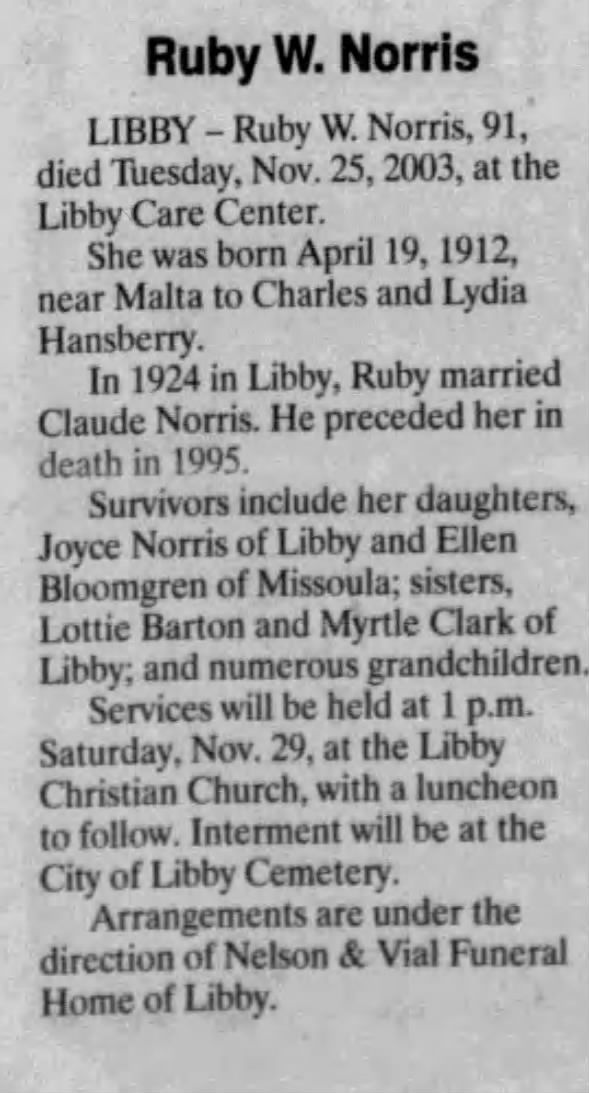 Obituary for Ruby W. Norris, 1912-2003 (Aged 91)